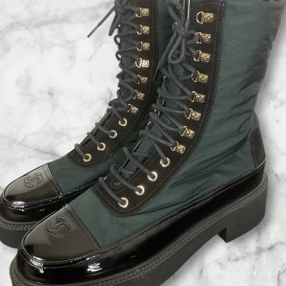 CHANEL Shoes - Chanel Nylon Suede Calfskin Black and Dark Green Combat Boots Size 40